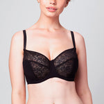 Demi Bra with a 3 piece cup featuring Crosby performance micro jersey on the outside of the cup and lace on the inner cup as well as at the neckline.