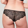 Back view of model wearing a Liberté Crosby Scalloped Cheeky in black featuring a sheer allover lace with scalloped edges.