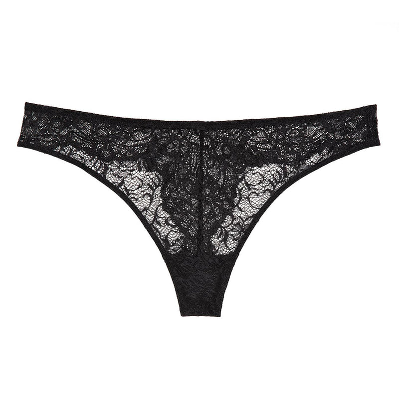 Liberté Bowery Scalloped Thong featuring a sheer lace with scalloped edges in black.