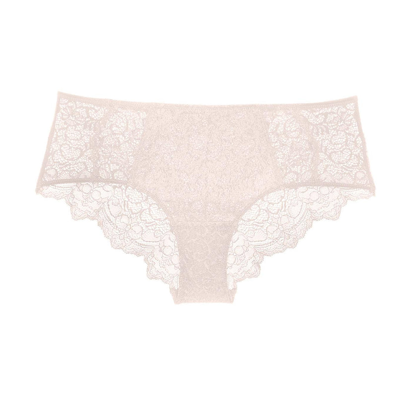 Liberté Bowery Scalloped Hipster, with a semi sheer lace front and sheer mesh sides in blush pink.