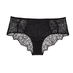 Liberté Bowery Scalloped Hipster, with a semi sheer lace front and sheer mesh sides in black.