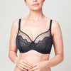 Model wearing Midnight blue Liberté Bowery Mesh Plunge bra featuring a 3 piece cup with sheer mesh at the neck line. 